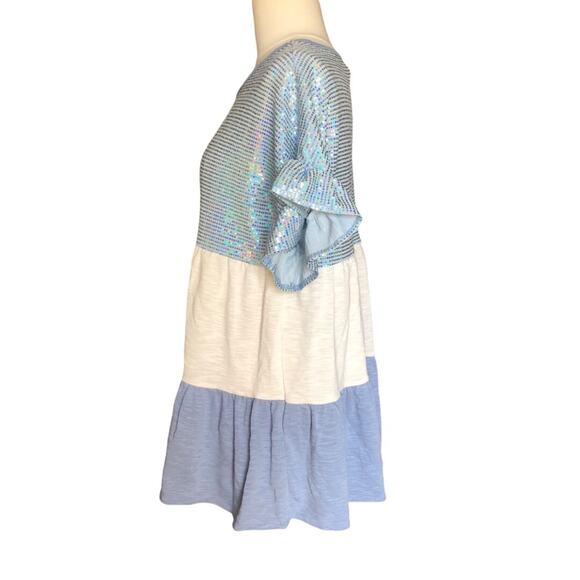 Unbranded NWOT Ruffle Sleeve Babydoll Light Blue Sequin Ivory Denim Blue Top SM - Picture 6 of 11